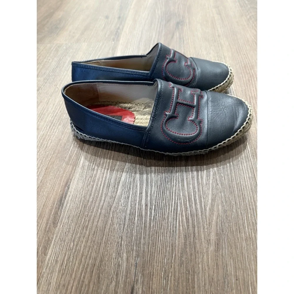 Carolina Herrera CH Initial Embossed Navy Glove Leather Espadrilles Flats Sz. 38